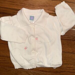 Vintage “Little Me” White Baby Cardigan, Embroidered Details + Scalloped Edges